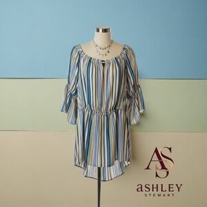 Ashley Stewart Striped Off Shoulder Bell Sleeve High Low Tunic Top Plus 18/20